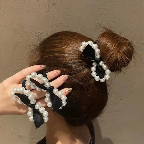 Korean Style Artificial Pearl Bow Hair Tie Elegant Black Satin Ribbon Scrunchie Elastic Ponytail Hair Ring Accessories For Women
