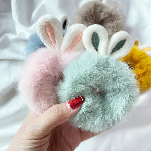 Cute Plush Rabbit Ears Hair Scrunchies For Women Girls Soft Yarn Elastic Hair Ties Sweet Faux Fur Ponytail Holder Hair Accessories