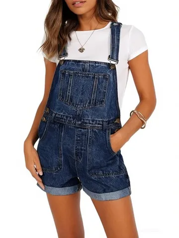 Women Casual Denim Overalls Jumpsuit Vintage Washed Blue Pocket Loose Short Pants Summer Streetwear Romper