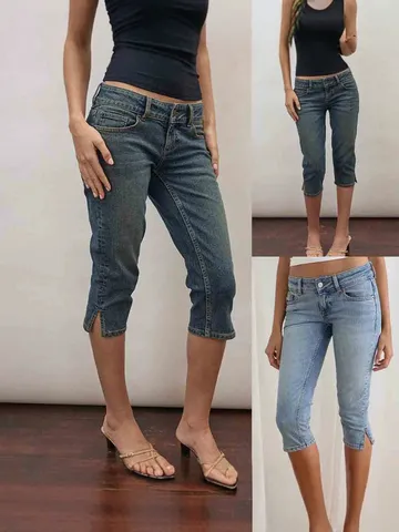 Women's Casual Mid Waist Stretch Denim Cropped Jeans Slim Fit Pencil Pants With Split Hem Spring Summer Fashion Trousers