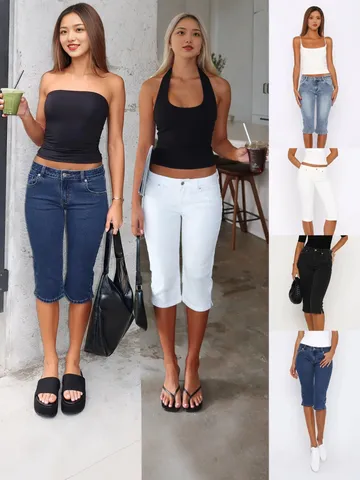 Women's Stretch Capri Denim Jeans Mid Waist Slim Fit Split Hem Cropped Pants