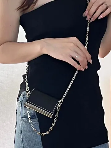 Mini Sac Bandoulière Femme Porte-Cartes Cuir PU Métal Carré Avec Chaîne Pochette Portefeuille Tour de Cou