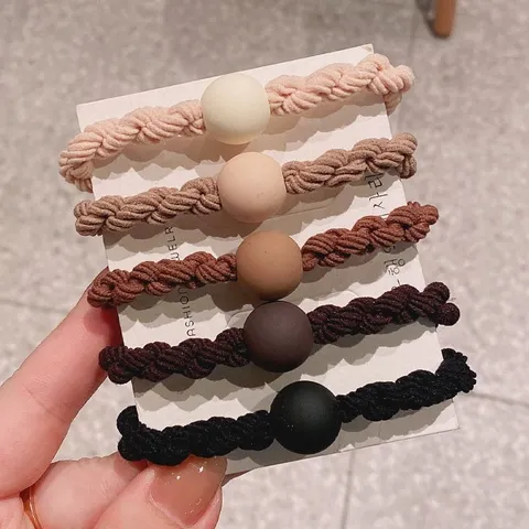 Minimalist High Elasticity Fabric Hair Ties Solid Color Braided Hair Bands With Round Beads Elegant Hair Scrunchies For Women Teens Daily School Headwear
