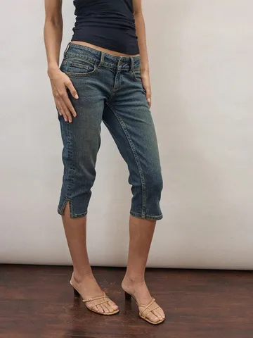 Women's Casual Mid Waist Stretch Denim Cropped Jeans Slim Fit Pencil Pants With Split Hem Spring Summer Fashion Trousers