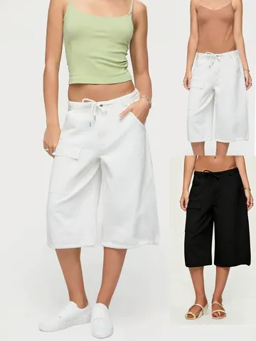 Γυναικεία Casual Cargo Shorts Φαρδιά Γραμμή Μέση-Χαμηλή Μέση Κορδόνι Σύσφιξης Capri Παντελόνι Βαμβάκι Streetwear Fashion Καλοκαιρινά Κάτω Μέρη