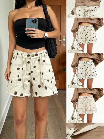 Women's Casual Polka Dot Denim Shorts Mid Waist Drawstring Metal Eyelets Raw Hem Streetwear Summer Fashion Shorts