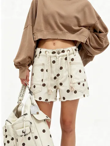 Women's Casual Polka Dot Denim Shorts Mid Waist Drawstring Metal Eyelets Raw Hem Streetwear Summer Fashion Shorts