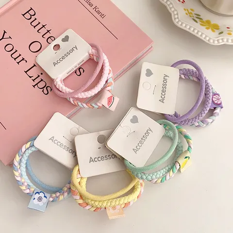 Gomas de Pelo de Tela Trenzada Bicolor Engrosadas Bandas para el Cabello de Alta Elasticidad Etiquetas de Patrón de Frutas Scrunchies para Mujeres