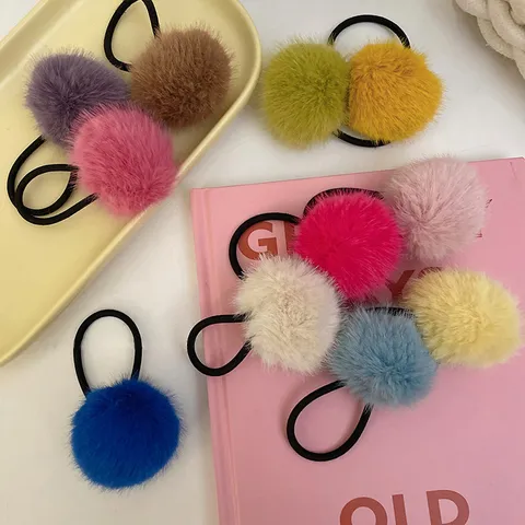 Cute Candy Color Plush Pom Pom Hair Ties Elastic Hair Bands Handmade Fluffy Ponytail Holders For Women Girls