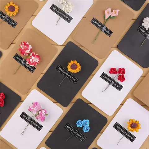 Tarjetas de Felicitación de Flores Artificiales Hechas a Mano Tarjetas de Bendición de Papel Kraft Vintage Notas de Mensaje para Boda Cumpleaños Papelería