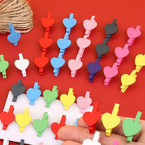 Mini Pinzas de Madera con Corazón para Fotos Coloridas Decorativas para Pared de Fotos Guardería Oficina Juego de Cuerda de Cáñamo