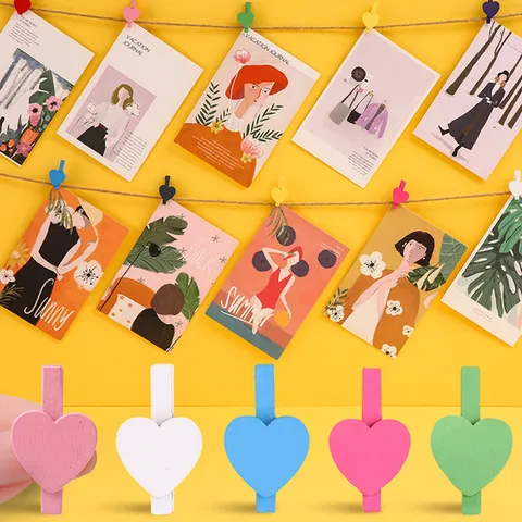 Mini Pinzas de Madera con Corazón para Fotos Coloridas Decorativas para Pared de Fotos Guardería Oficina Juego de Cuerda de Cáñamo