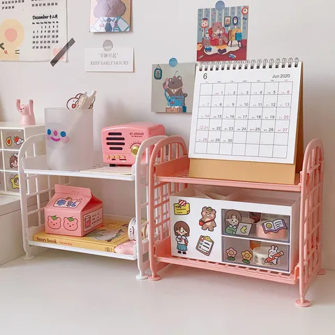 Scaffale Organizzatore da Tavolo a Doppio Strato Pieghevole in Plastica per Cosmetici Cancelleria Casa Ufficio Accessori da Scrivania
