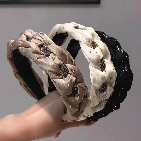 Exquisite High Skull Top Braided Rhinestone Headband For Women Satin Fabric Twisted Hair Band Elegant Versatile Non-Slip Hair Accessories