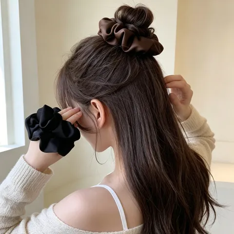 Elegant Satin Scrunchies Minimalist Solid Color High Elasticity Hair Ties Sweet Ruffle Edge Ponytail Holder Hair Accessories For Women