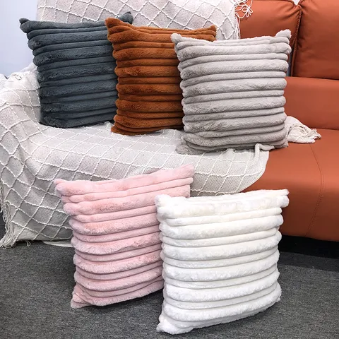 Housse de Coussin Décorative en Peluche Fausse Fourrure de Lapin Uni Rayé Housse de Oreiller Pour Salon Chambre