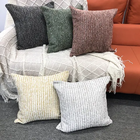 Housse de Coussin Décorative en Chenille Française Moderne Minimaliste Rayée pour Salon Chambre à Coucher