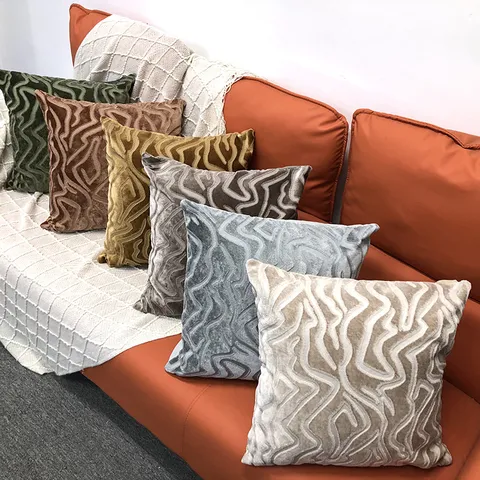 Housse de Coussin Décorative Moderne Minimaliste en Velours Coupé Motif de Vagues Abstraites Pour Salon Canapé Lit