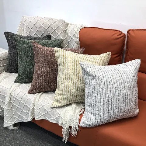 Housse de Coussin Décorative en Chenille Française Moderne Minimaliste Rayée pour Salon Chambre à Coucher