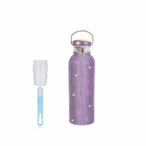 Bling Rhinestone Stainless Steel Vacuum Insulated Water Bottle With Bamboo Lid Portable Tumbler Car Travel Flask With Cleaning Brush