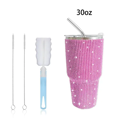 Stainless Steel Rhinestone Insulated Tumbler Large Capacity Vacuum Cup With Straw And Cleaning Brush Dazzling Leopard Print Travel Mug