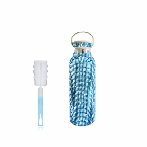 Bling Rhinestone Stainless Steel Vacuum Insulated Water Bottle With Bamboo Lid Portable Tumbler Car Travel Flask With Cleaning Brush