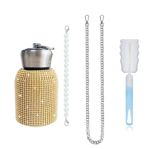 Rhinestone Inlaid Stainless Steel Vacuum Insulated Bottle With Artificial Pearl Chain And Cleaning Brush Portable Water Bottle