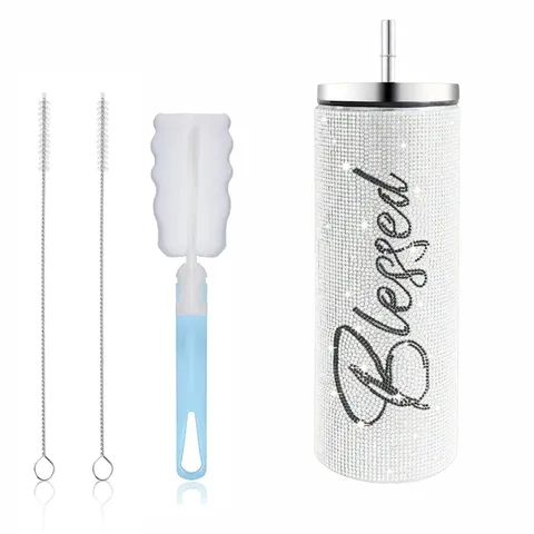 Luxury Rhinestone Stainless Steel Car Travel Mug Glitter Vacuum Insulated Thermal Flask With Straw Cup Brush For Outdoors