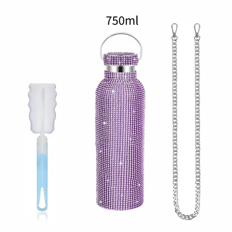 Rhinestone Encrusted Insulated Water Bottle Stainless Steel Vacuum Tumbler With Shoulder Chain And Cleaning Brush For Outdoor Sports Travel