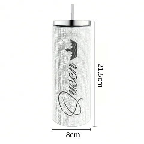 Luxurious Rhinestone Stainless Steel Vacuum Insulated Tumbler With Straw Crown Letter Pattern Portable Car Coffee Mug For Women