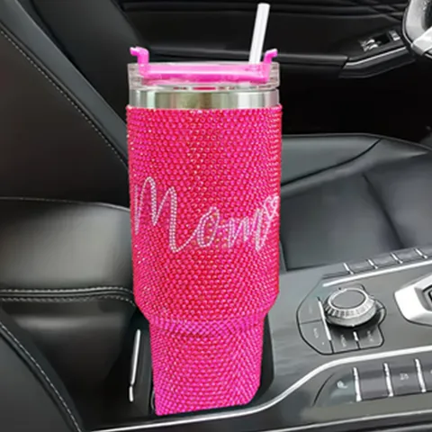 Rhinestone Stainless Steel Vacuum Flask With Handle Straw Car Cup Pink Glitter Bling Mom Letter Tumbler For Mother Day