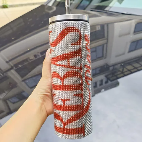 Luxury Bling Rhinestone Vacuum Insulated Tumbler With Straw Stainless Steel Large Capacity Water Bottle For Car Travel