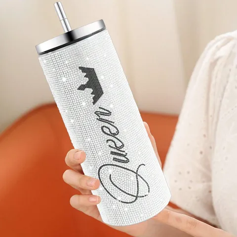 Luxurious Rhinestone Stainless Steel Vacuum Insulated Tumbler With Straw Crown Letter Pattern Portable Car Coffee Mug For Women