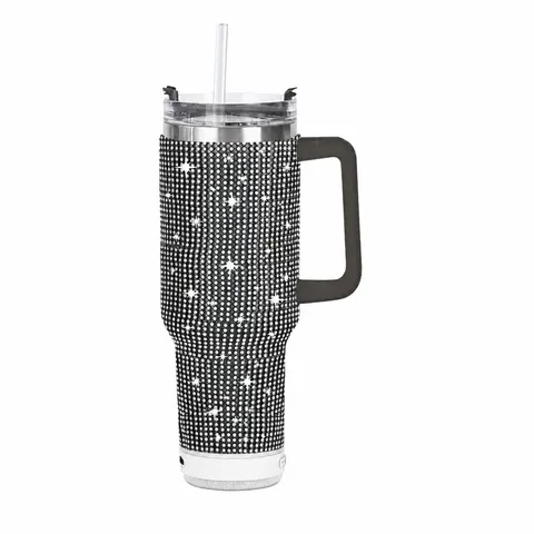 Insulated Stainless Steel Tumbler With Bluetooth Speaker Handle Straw Rhinestone Studded Double Wall Travel Mug