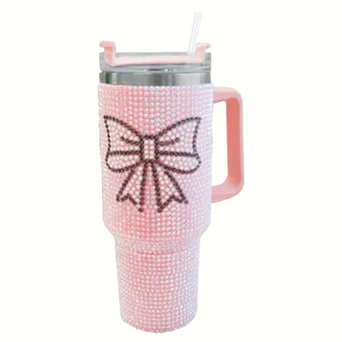 40oz Stainless Steel Insulated Tumbler With Handle And Straw Rhinestone Bow Tie Design Vacuum Car Ice Master Cup