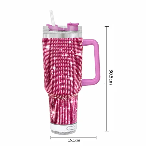 Insulated Stainless Steel Tumbler With Bluetooth Speaker Handle Straw Rhinestone Studded Double Wall Travel Mug