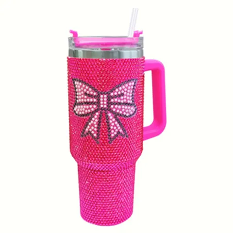 40oz Stainless Steel Insulated Tumbler With Handle And Straw Rhinestone Bow Tie Design Vacuum Car Ice Master Cup