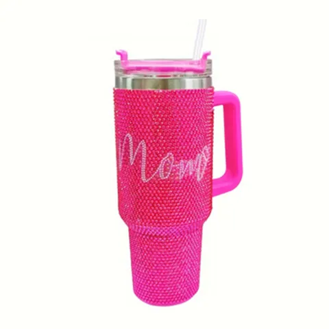 Rhinestone Stainless Steel Vacuum Flask With Handle Straw Car Cup Pink Glitter Bling Mom Letter Tumbler For Mother Day