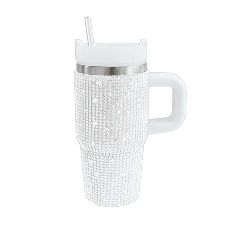 Rhinestone Insulated Tumbler With Handle Stainless Steel Car Cup Sparkling Rhinestone Travel Mug With Straw For Coffee Water Drinks