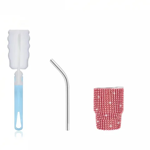 Mini Rhinestone Vacuum Flask Stainless Steel Car Tumbler Shimmering Portable Thermal Cup With Straw Sponge Brush For Travel Sports Outdoor