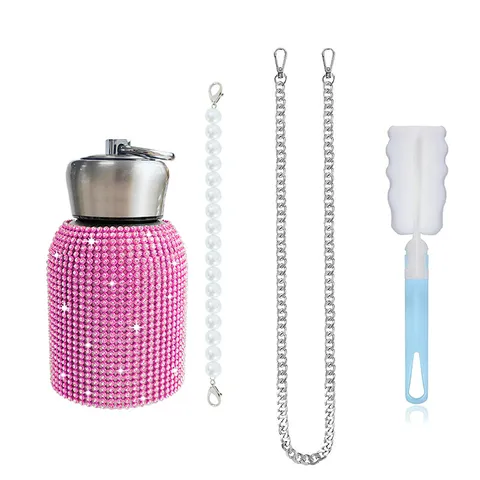 Rhinestone Inlaid Stainless Steel Vacuum Insulated Bottle With Artificial Pearl Chain And Cleaning Brush Portable Water Bottle