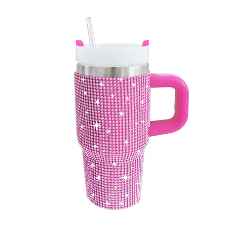 Rhinestone Insulated Tumbler With Handle Stainless Steel Car Cup Sparkling Rhinestone Travel Mug With Straw For Coffee Water Drinks