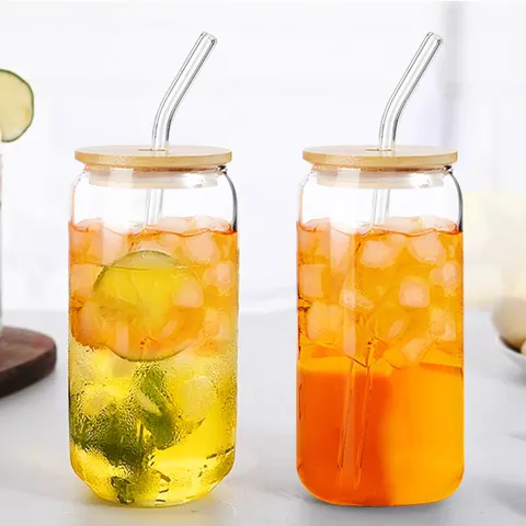Borosilicate Glass Cup With Bamboo Lid And Glass Straw Heat Resistant Can Shaped Glass Reusable Water Cup For Juice Milk Coffee