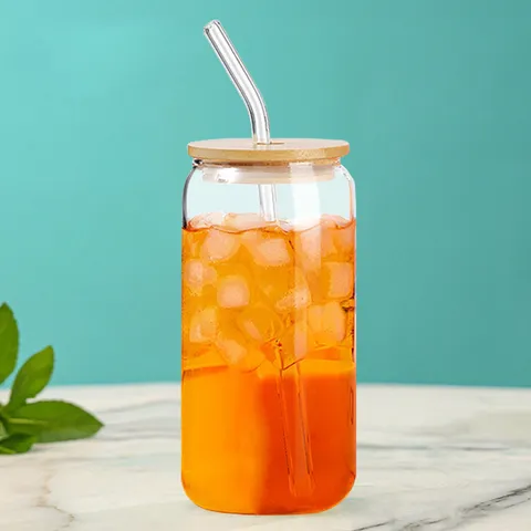 Borosilicate Glass Cup With Bamboo Lid And Glass Straw Heat Resistant Can Shaped Glass Reusable Water Cup For Juice Milk Coffee