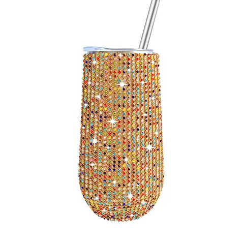 Rhinestone Insulated Eggshell Tumbler With Straw Stainless Steel Vacuum Cup Small Portable Thermal Wine Mug For Home Office Travel