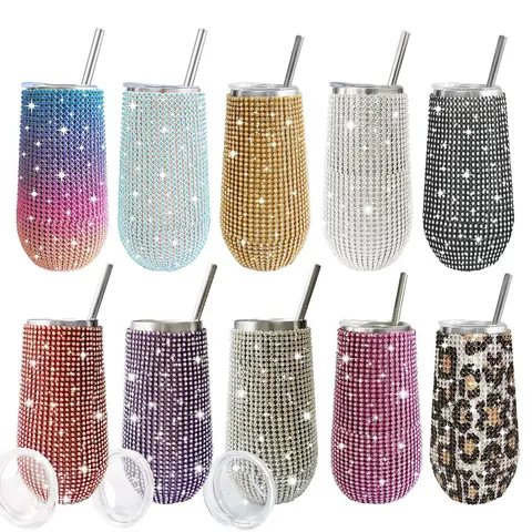 Rhinestone Insulated Eggshell Tumbler With Straw Stainless Steel Vacuum Cup Small Portable Thermal Wine Mug For Home Office Travel