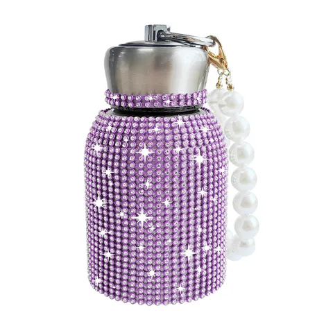 Rhinestone Inlaid Stainless Steel Vacuum Flask With Artificial Pearl Chain Portable Outdoor Sport Thermal Water Bottle
