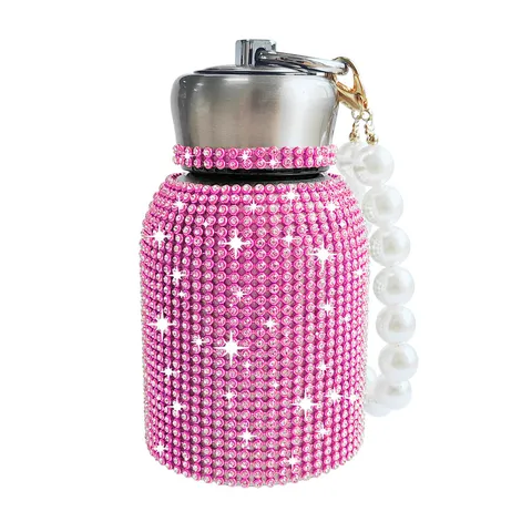Rhinestone Inlaid Stainless Steel Vacuum Flask With Artificial Pearl Chain Portable Outdoor Sport Thermal Water Bottle