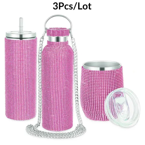Rhinestone 304 Stainless Steel Thermos Cup Set Insulated Tumbler Beer Mug With Chain Portable Water Bottle For Women Jewelry Gift
