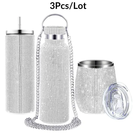 Rhinestone 304 Stainless Steel Thermos Cup Set Insulated Tumbler Beer Mug With Chain Portable Water Bottle For Women Jewelry Gift